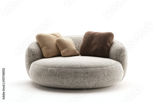 Circular, upholstered couch with textured fabric and pillows