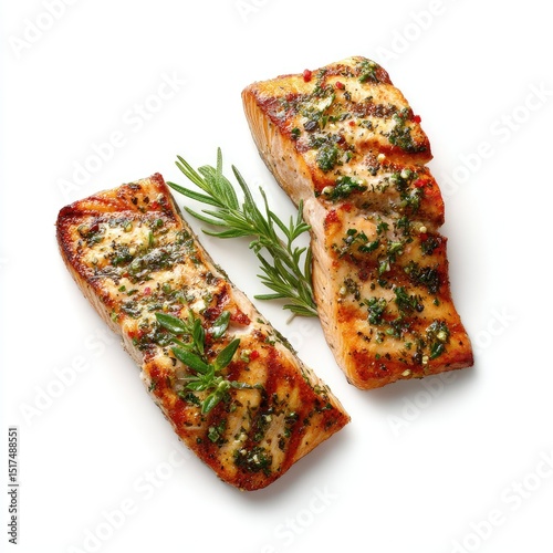 Two grilled salmon fillets, seasoned with herbs,  placed on a white background