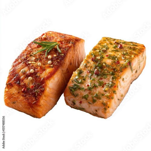 Two cooked salmon fillets, one with rosemary and spices, the other with herbs and a glaze, presented against a white background