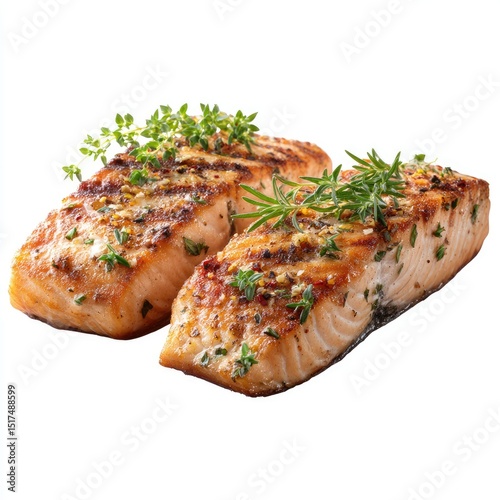 Two grilled salmon fillets, seasoned and garnished with herbs