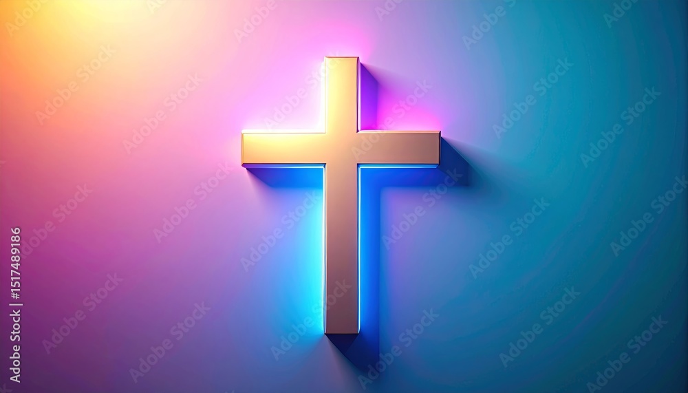 Fototapeta premium Glowing cross with vibrant gradient background for religious themes