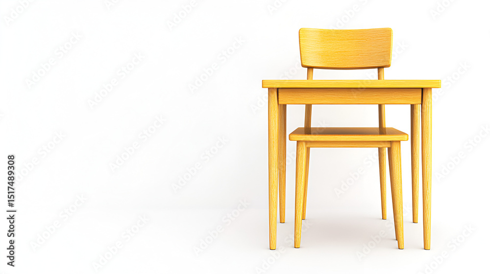 Fototapeta premium A yellow wooden desk and chair set, presented against a plain white background, casting soft shadows.
