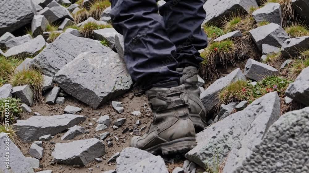 Hiking boot traversing a rocky, mountainous trail with sparse vegetation.