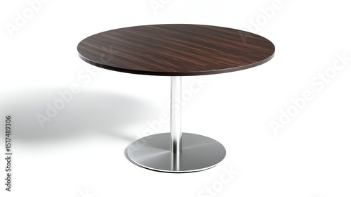 A modern, minimalist round table with a dark wood top and a shiny metal base.