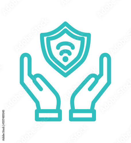 Shield symbol with hands representing protection and connectivity. Digital insurance icon cyber security symbols concept.