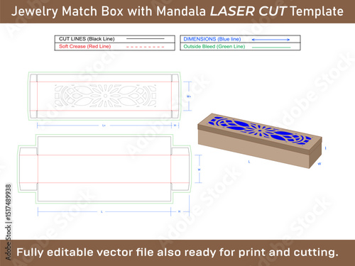 Jewelry Match Box Dieline Template With Mandala Laser cut