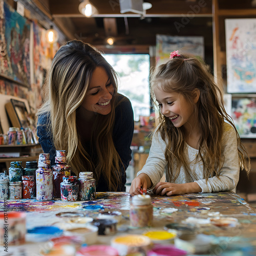 Creative Crafting: A Mother and Daughter Enjoying Art Together, Artistic Bond: Mom and Daughter Making Memories in a Craft Workshop, mother and daughter painting a picture together 