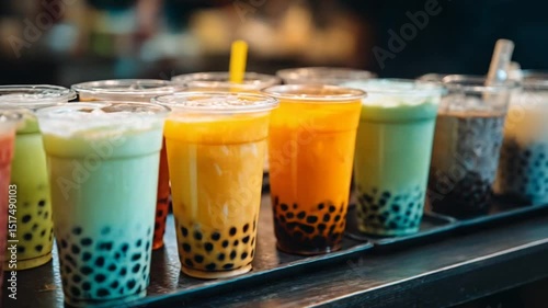 Colorful bubble tea drinks lined up on a tray in shop