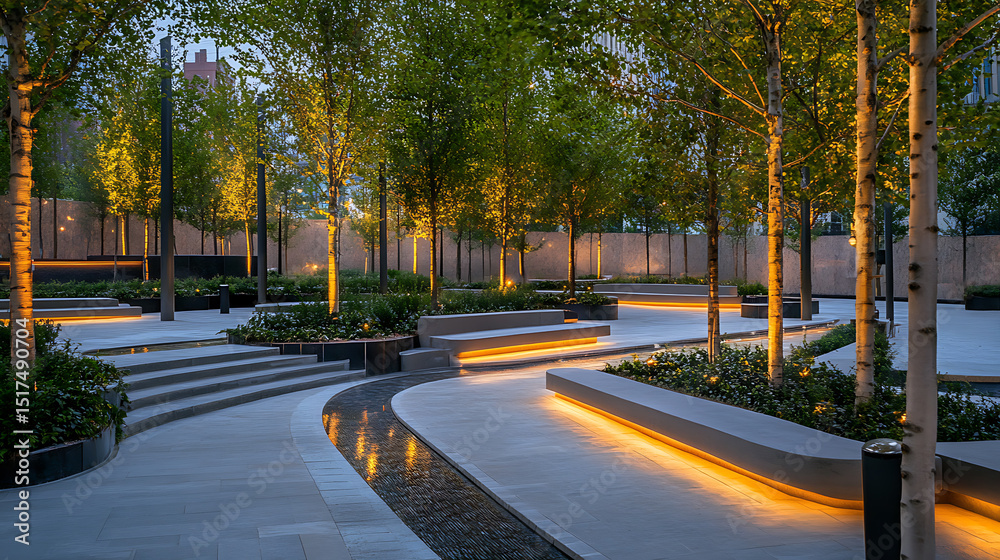 Obraz premium Modern Urban Park with Illuminated Benches and Trees
