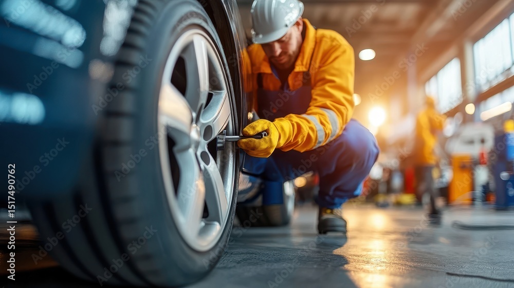 Fototapeta premium Young caucasian male mechanic adjusting tire pressure on car in auto repair shop