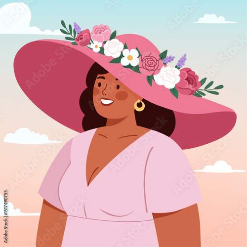 A plump young woman in a light pink dress, she wears a sweet pink hat decorated with flowers that look lively, conveying the freshness of spring.