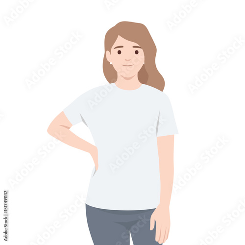 Woman with wavy brown hair and pearl earrings, wearing a white tshirt and dark pants. Flat vector illustration isolated on white background