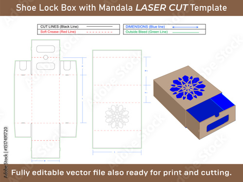 Mandala Pattern lasercut in Shoe Lock Box Dieline Template