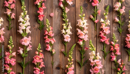 Elegant Snapdragons Seamless Pattern on Rustic Textured Wood Backdrop
