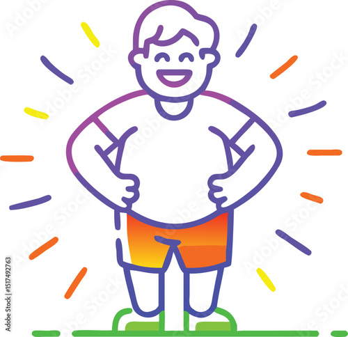 Create a cartoon illustration of a happy, chubby boy wearing an orange t-shirt and brown shorts with sandals..eps