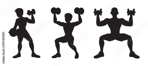 Fitness Trio Silhouetted Men Sculpting with Weights