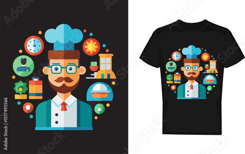 Culinary Craftsmanship: Illustrative culinary elements adorning a t-shirt design, a vibrant celebration of cooking, presented with creative flair.