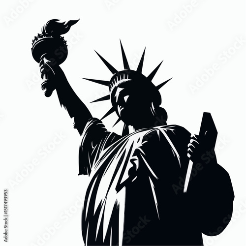 Retro art illustration of a woman liberty statue and ancient knight with sword and shield silhouette