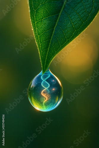 A leaf drips a single water droplet encapsulating a miniature universe, symbolizing life, growth, and the mysteries of existence.