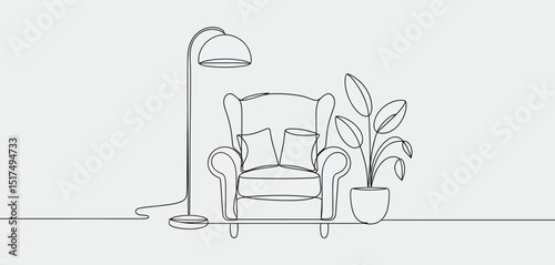 Single Line Drawing of Armchair Floor Lamp and Plant