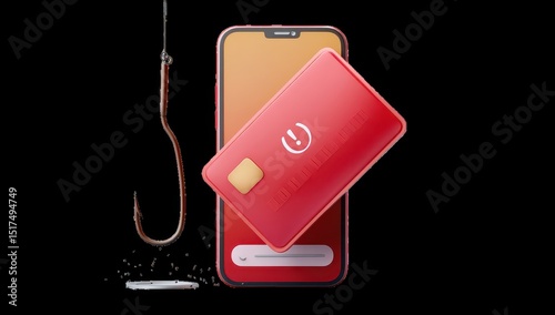 Red credit card on phone, hooked by fishing line