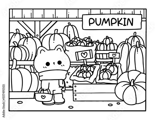 Adorable Cat at the Pumpkin Patch Free Printable Coloring Page