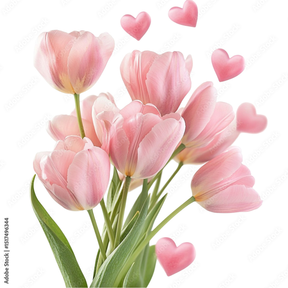 Fototapeta premium Pink tulips and hearts a lovely floral arrangement