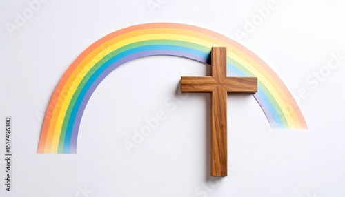 Symbol of Hope and Faith, Wooden Cross with Rainbow Arch on White Backdrop