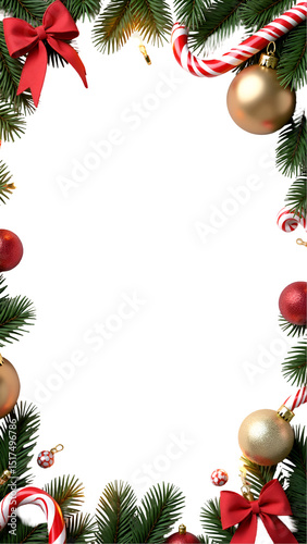 Festive Christmas Frame with Red Ornaments and Evergreen Branches  – Ideal for Holiday Cards, Banners, and Seasonal Social Media Posts.