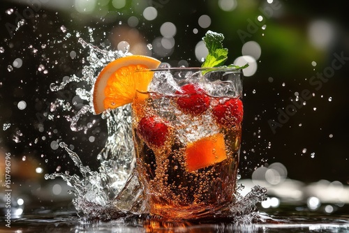 fantasy cola and fruit drinks exploding through water splash, high detail and saturation