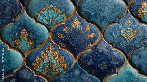 Close-up of blue ornamental Arabic tiles through window, greeting card background