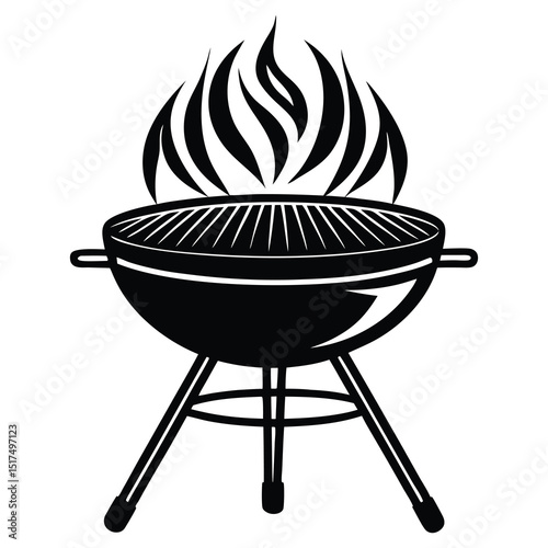 Simple Black and White Barbecue Grill with Flames Graphic Illustration silhouette