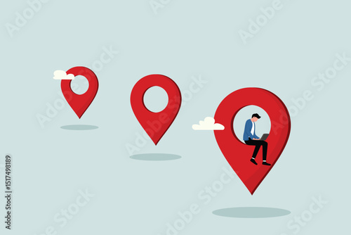 Remote job or distance work, businessman utilizing a laptop remotely with a location map pin.