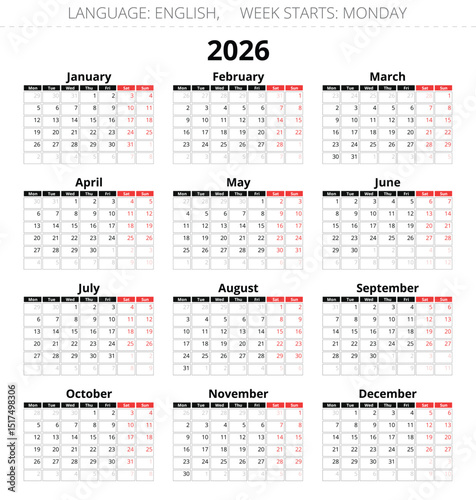2026 year english calendars. Vector illustration. Week starts monday