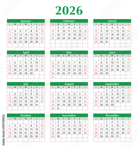2026 year english vector calendar with 12 months frames (week starts sunday)