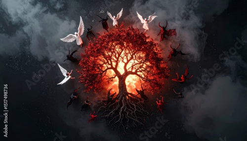 Abstract depiction of mortality angels and demons surrounding dying tree