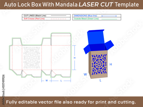 Auto Lock Box Dieline Template with Mandala Laser Cut template