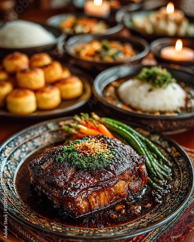 Cooked shank with vegetables and assorted food on table