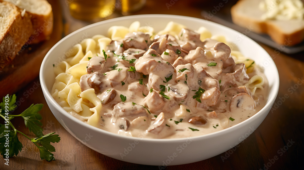 Creamy Mushroom Stroganoff Served Over Noodles in a White Bowl Creamy Mushroom Stroganoff Served Over Noodles in a White Bowl