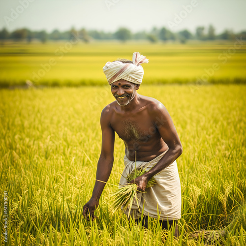 Tamil Nadu farmer with a smiling face in an old dhoti, shirtless with an old turban on his head photo