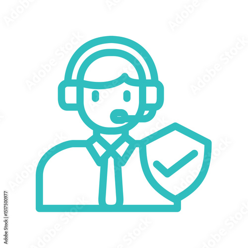 Customer support representative with headset and shield icon. Digital insurance icon cyber security symbols concept.