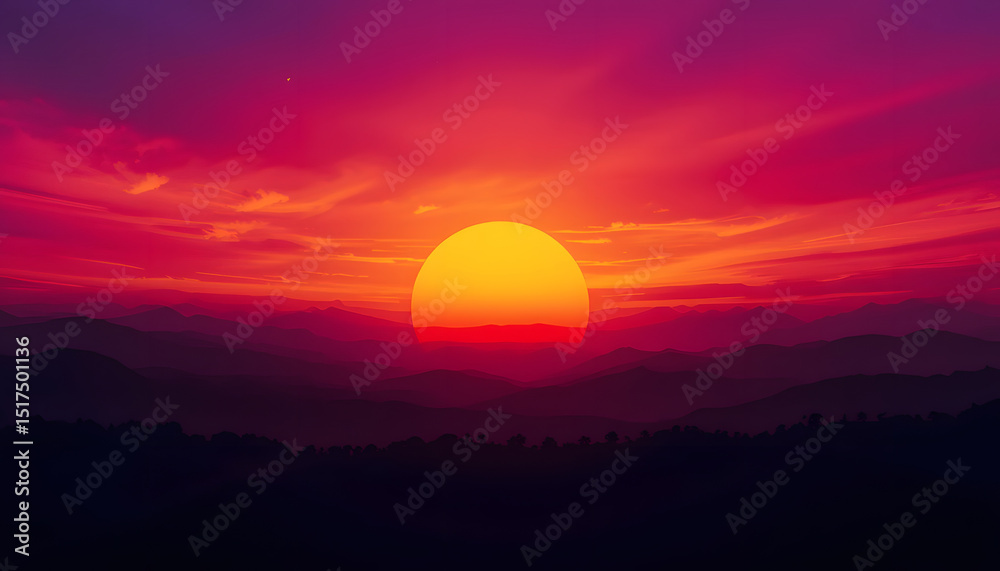 Obraz premium Vibrant Sunset Over Silhouetted Mountains A Stunning Nature Photography