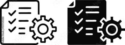 Minimalist Line Art Icon – Document with Checklist and Gear for Process Management