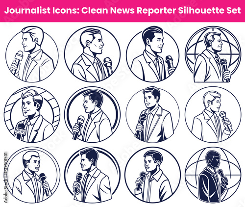 Broadcaster line art icons set, Journalist speaking into microphone in circle, white background