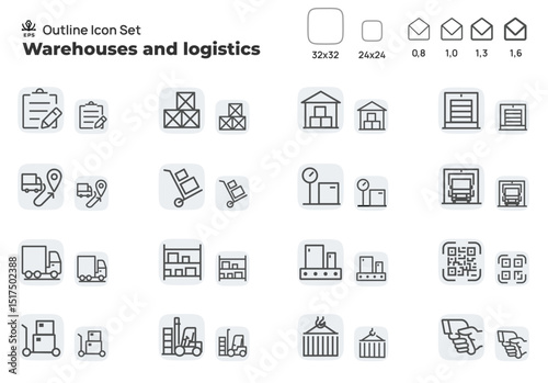 Warehouse and Logistics. Concept editable stroke outline icons set isolated on white background flat vector illustration. Pixel perfect