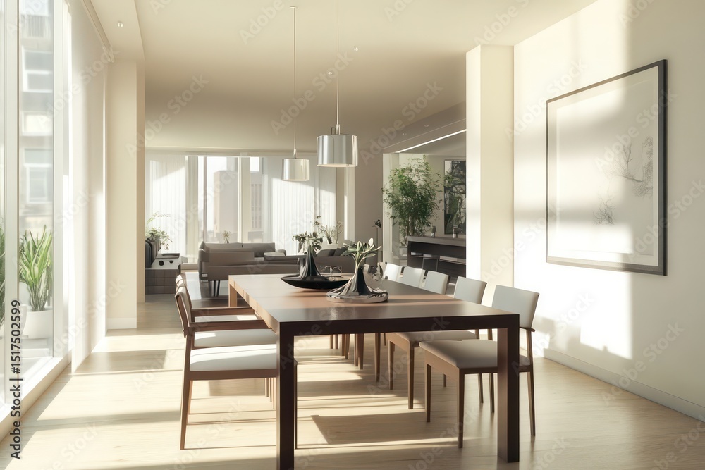 Fototapeta premium minimalistic decor. Utilize clean lines, large windows for natural light, and integrated storage solutions. Incorporate contemporary art pieces, sophisticated 