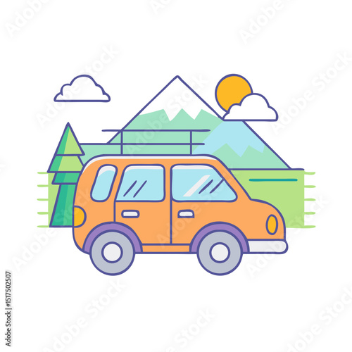 Colorful illustration of a car trip to the mountains with nature around