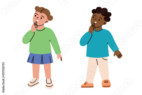 Flat cartoon vector illustration of school kids thinking, surprised and curious. Boy and girl looking at something, puzzled expressions, education, imagination, problem solving, learning process
