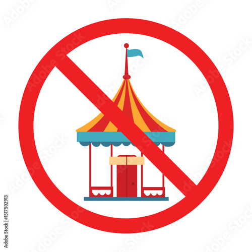 Amusement park carnival forbidden sign, amusement park prohibited sign, no fairground rides allowed symbol, funfair games prohibition sign