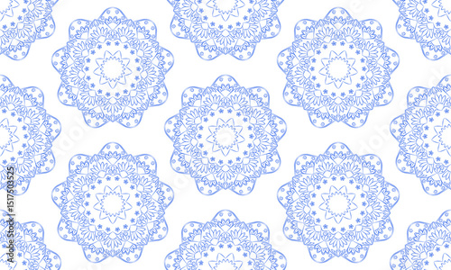 pattern designs with blue mandala flower on white background , design for fabric or various pattern printing works.